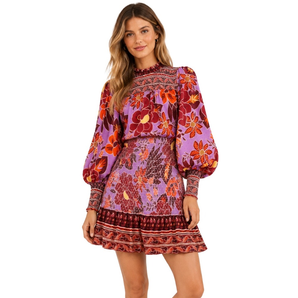 Farm Rio Dress Womens Large Purple Sweet Floral Mini Smocked Puff Sleeve Boho